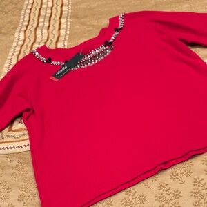 NWT Rafaella Vibrant Cherry Red Top with Beaded Embellishments, Cotton, M